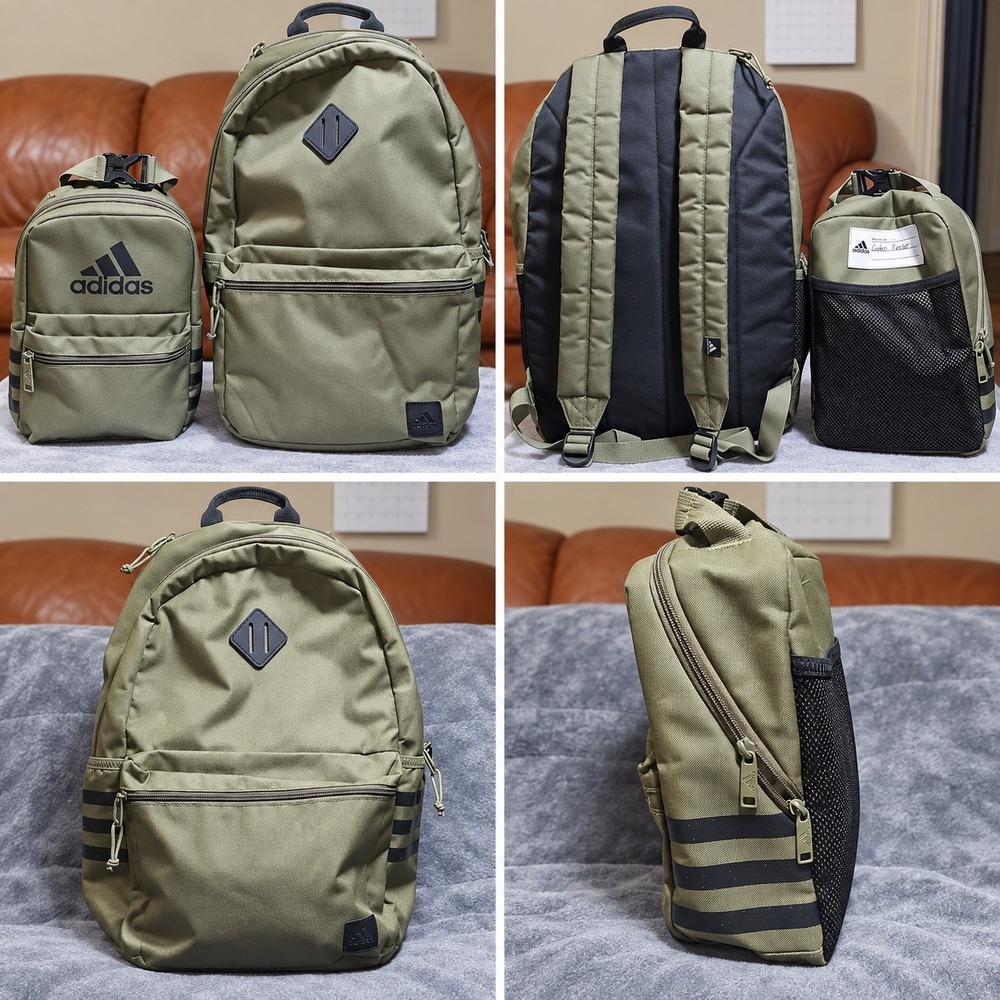 Adidas Backpack and Lunch Bag Set Olive Green 3-Stripe Sport School Travel Bag